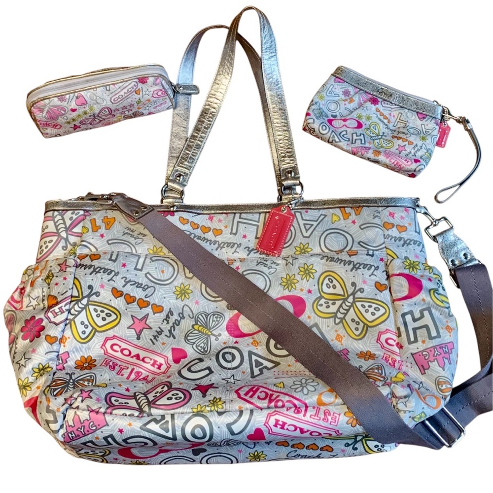 Coach Poppy Butterfly Graffiti Rare XL Tote /Diaper Bag + Makeup Case + Wristlet